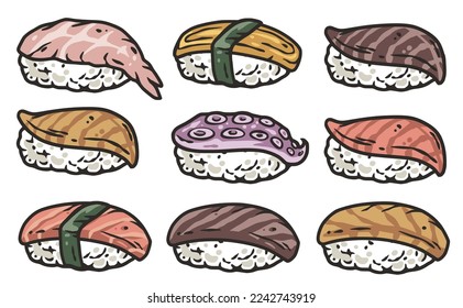Sushi set or japanese or chinese rolls. Asian food with salmon, nori and shrimp, squid for seafood design