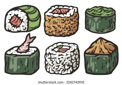 Sushi set or japanese or chinese rolls. Asian food with salmon, nori and shrimp, squid for seafood design