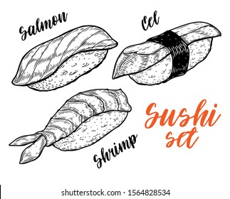 Sushi set. Japanese cuisine ingredient. Vintage hand drawn sketch engraving vector illustration.