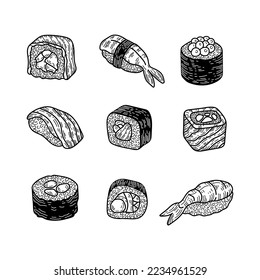 Sushi. Comida japonesa, alimentación saludable, cocina, concepto nutricional. Ilustraciones aisladas de vectores.