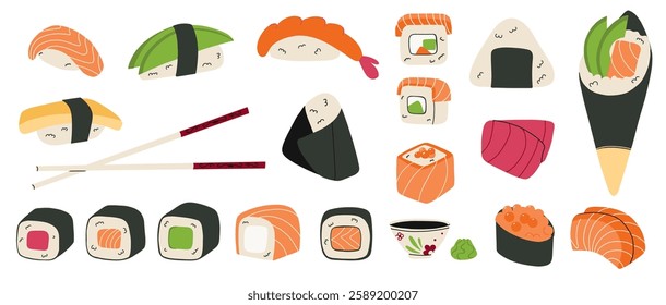 Sushi set. Japanese food. Rice and salmon fish. Seafood restaurant menu. Different type Maki, nigiri and sashimi. Temaki and gunkan. Asian cuisine. Vector cartoon flat style isolated illustration