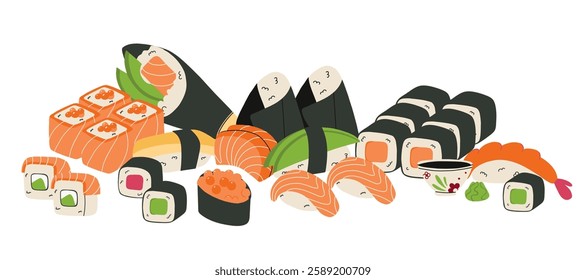 Sushi set. Japanese food. Rice and salmon fish. Seafood restaurant menu. Different type Maki, nigiri and sashimi. Temaki and gunkan. Asian cuisine. Vector cartoon flat style isolated illustration