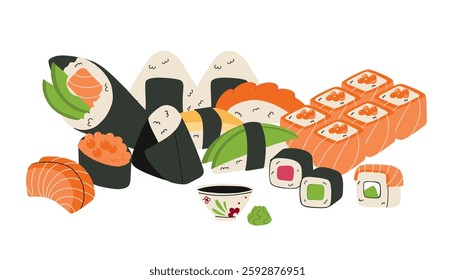 Sushi set. Japanese food. Rice and salmon fish. Seafood restaurant menu. Different type Maki, nigiri and sashimi. Temaki and gunkan. Asian cuisine. Vector cartoon flat style isolated illustration