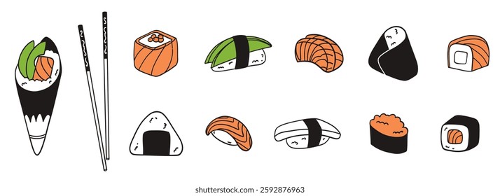 Sushi set. Japanese food. Rice and salmon fish. Seafood restaurant menu. Different type Maki, nigiri and sashimi. Temaki and gunkan. Asian cuisine. Vector cartoon flat style isolated illustration