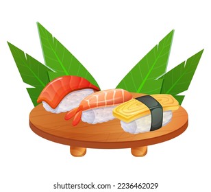 Sushi set. Japanese seafood. Asian restaurant food on table. Colorful vector illustration isolated on white background.