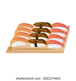 Sushi set. Japanese seafood vector. Asian restaurant food on table. Vector illustration isolated on white background, flat