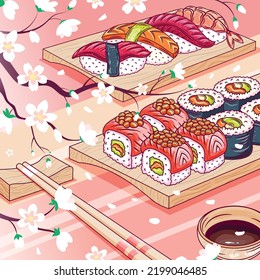 Sushi set. Japanese seafood vector. Asian restaurant food on table. Sushi set with chopsticks, soy souse, rice with fish fillet, cartoon style. Vector illustration