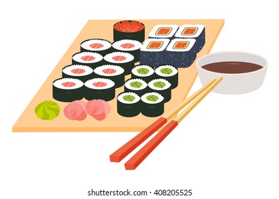 Sushi set. Japanese seafood vector. Asian restaurant food on table. Sushi set with chopsticks, soy souse, rice with fish fillet, cartoon style. Vector illustration isolated on white background, flat