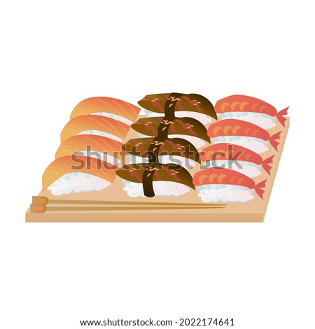 Sushi set. Japanese seafood vector. Asian restaurant food on table. Vector illustration isolated on white background, flat