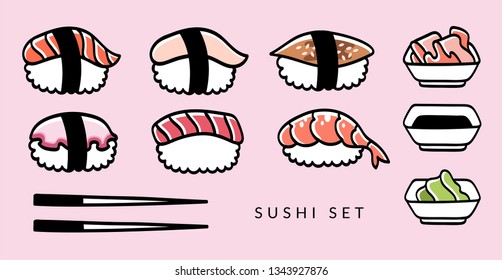 Sushi set. Japanese traditional food. Hand drawn vector illustration