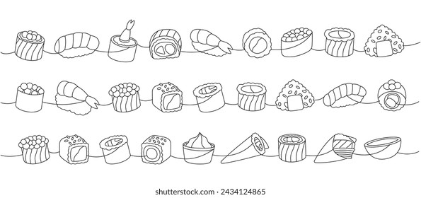 Sushi set. Japanese traditional food one line drawing. Ikura sushi, tobiko maki, philadelphia roll, onigiri, shrimp nigiri, tekkamaki tuna roll