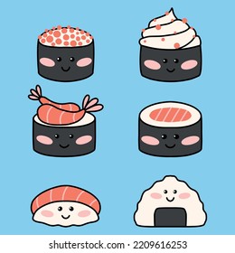 Sushi ambientado al estilo kawaii. Sushi japonés suave con una sonrisa. ilustración vectorial. estilo de dibujos animados. Logo del restaurante sushi. Colección Carácter divertido de sushi.