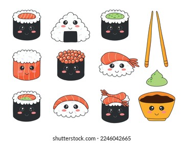 Sushi set in kawaii style. Cute Japanese sushi with a smile. vector illustration. cartoon style. Sushi restaurant logo. Collection Funny sushi character.