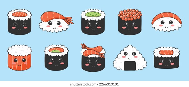 Sushi set in kawaii style. Cute Japanese sushi with a smile. vector illustration. cartoon style. Sushi restaurant logo. Collection Funny sushi character.