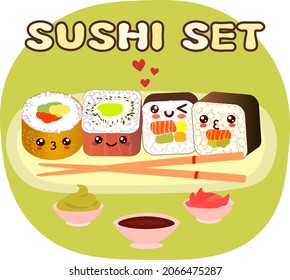 Sushi set in kawaii style. Vector image of food. Funny rolls.