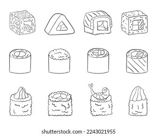 Conjunto de sushi, ilustración de línea. vector sobre fondo blanco.