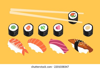 Sushi Set. Maki and nigiri with different fillings and ingredients