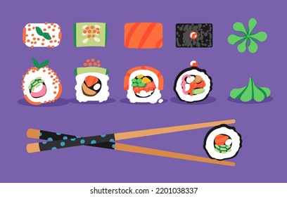 Sushi Set. Maki rolls with different fillings and ingredients. Chopsticks, ginger, wasabi