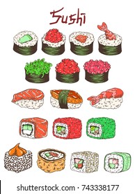 Sushi set. Makizushi, nigirizushi, gunkan, rolls Philadelphia, California, Alaska, baked with cucumber, tobiko caviar, salmon fish, shrimp, tuna, chuka, eel. Isolated illustration on white background