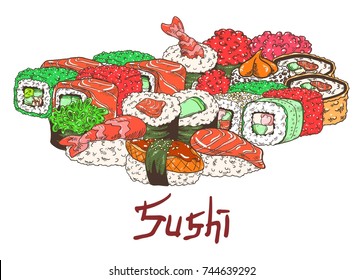 Sushi set. Makizushi, nigirizushi, gunkan, rolls Philadelphia, California, Alaska, baked with cucumber, tobiko caviar, salmon fish, shrimp, tuna, chuka, eel. Isolated illustration on white background