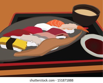 A Sushi Set with Mi-so soup and Soy Sauce 