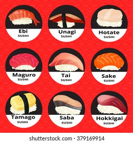 sushi set with names, isolated