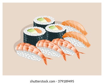 Sushi set on a beige background.