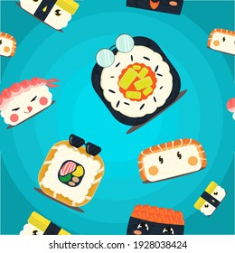 Sushi set on blue background. Japanese food element for postcard or banner. Colored vector seamless pattern.
