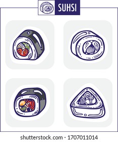 Sushi set on box with grey box. Black and. white sushi. Flat Design.