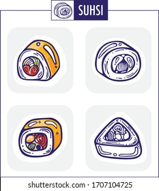 Sushi set on box with grey box. Black and. white sushi. Flat Design.