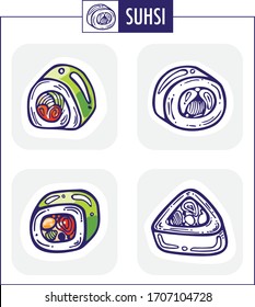 Sushi set on box with grey box. Black and. white sushi. Flat Design.