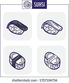 Sushi set on box with grey box. Black and. white sushi. Flat Design.