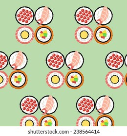 Sushi set on green background. Vector illustration