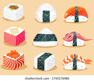 Sushi set on pastel background. Seaweed wrapped rice. vector. Illustration