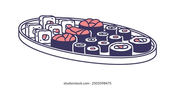 Sushi set on plate. Assorted rolls, traditional Japanese cuisine. Asian Japan food, meal platter with fresh salmon, fish, rice and nori. Flat vector illustration isolated on white background