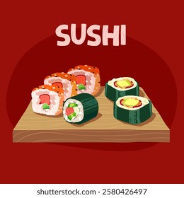Sushi set on a red background. Vector illustration
