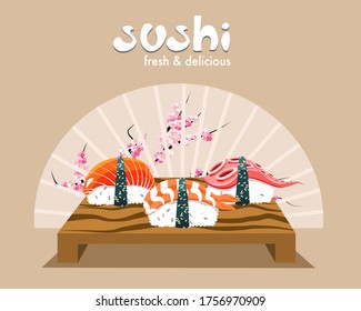 Sushi set on the short table and pastel circle background. Sushi bar food logo. Poster of Japanese food. Vector. Illustration 