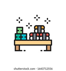 Sushi set on small desk, japanese cuisine flat color line icon.
