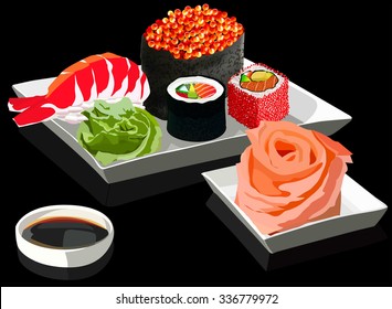 Sushi set on square plates, with ginger and soy sauce. On a black background. Vector illustration