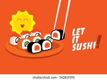 Sushi set on table with a fun sun on orange background. Japanese food. Let's eat
