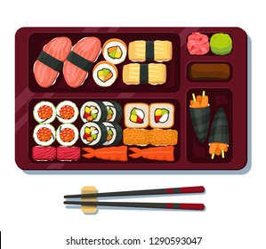 Sushi set on a tray. Isolated on white background. Modern flat style vector illustration.