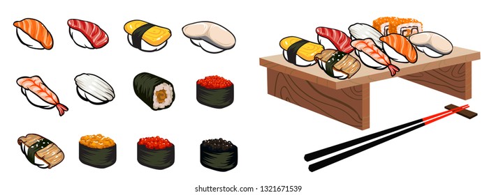 Sushi set on white background. modern color vector single line icons set.