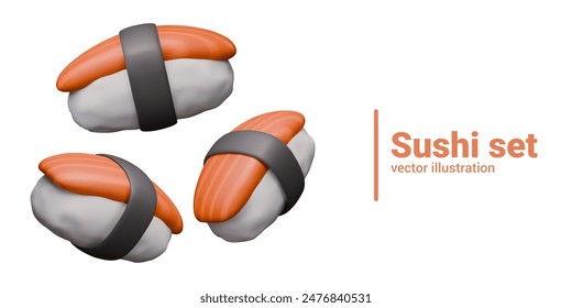 Sushi set on white background. Colored nigiri with red fish. Rice with tuna