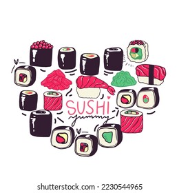 Sushi auf weiß gesetzt. einzeln auf Weiß in Herzform