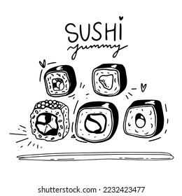 Sushi se puso en blanco. aislado en blanco negro blanco. garabato