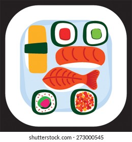 Sushi set on a white square plate. Vector illustration