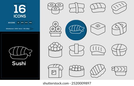 Sushi set of outline icons related to analysis, infographic, analytics. Editable stroke. Vector illustration.