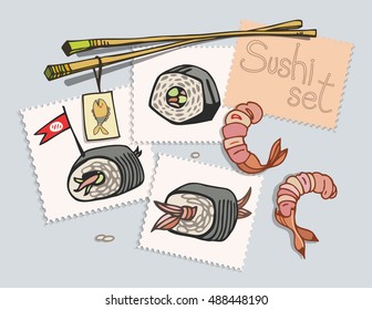 Sushi set painted on stickers. View from above on the table. Vector illustration.