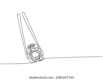 Sushi set, Philadelphia roll, Sushi roll with chopsticks one line art. Continuous line drawing of sushi, japanese, food, roll, culture, tasty, restaurant, japan, asian, sea, menu