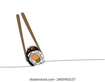 Sushi set, Philadelphia roll, Sushi roll with chopsticks one line art. Continuous line drawing of sushi, japanese, food, roll, culture, tasty, restaurant, japan, asian, sea, menu